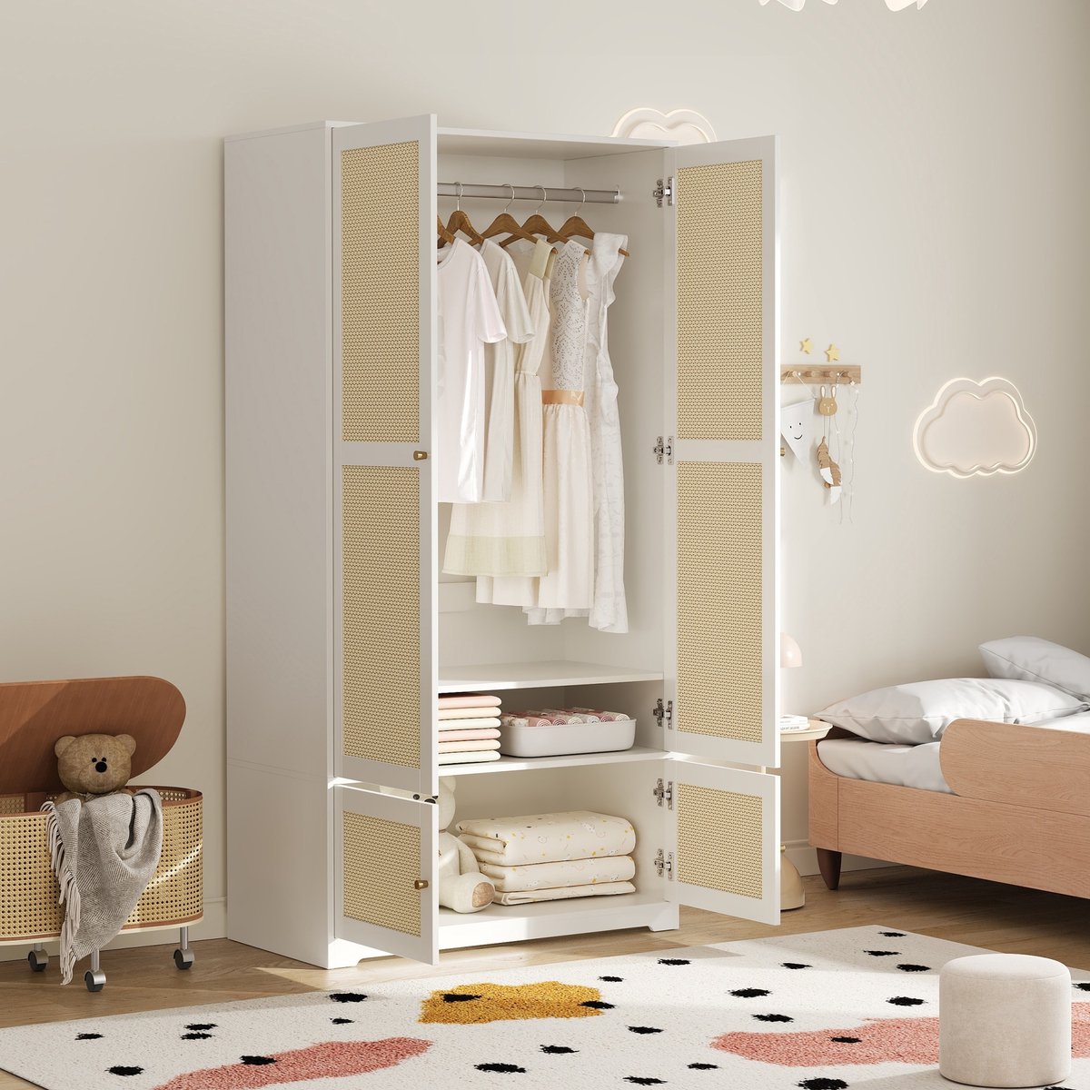 MODFU Kledingkast - 2-Deurs Met Rotan Deuren En Kledingroede - Slaapkamer - MDF - Wit - 90 X 48 X 180 Cm
