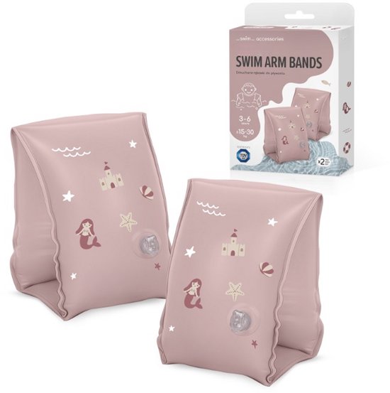 Roze opblaasbare zwembandjes met zeemeerminnen, kastelen en sterren, verpakt in doos.