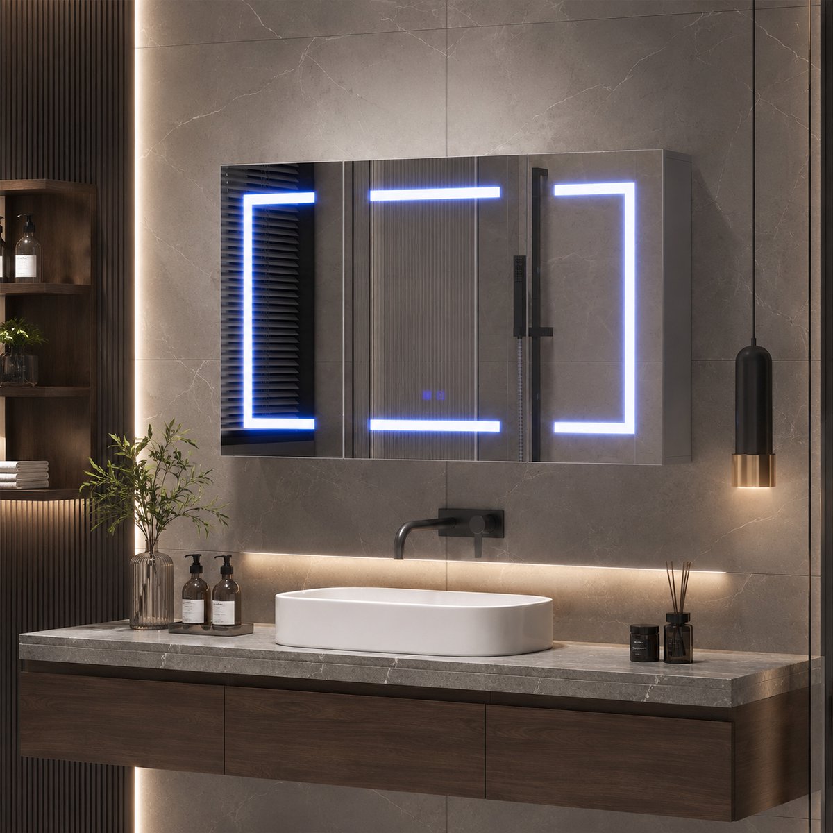 Badkamerkastje met spiegel en ledverlichting, 100x60x13,5 cm, spiegelend badkamerkastje met opbergruimte, anti-condens, voor de badkamer, wit