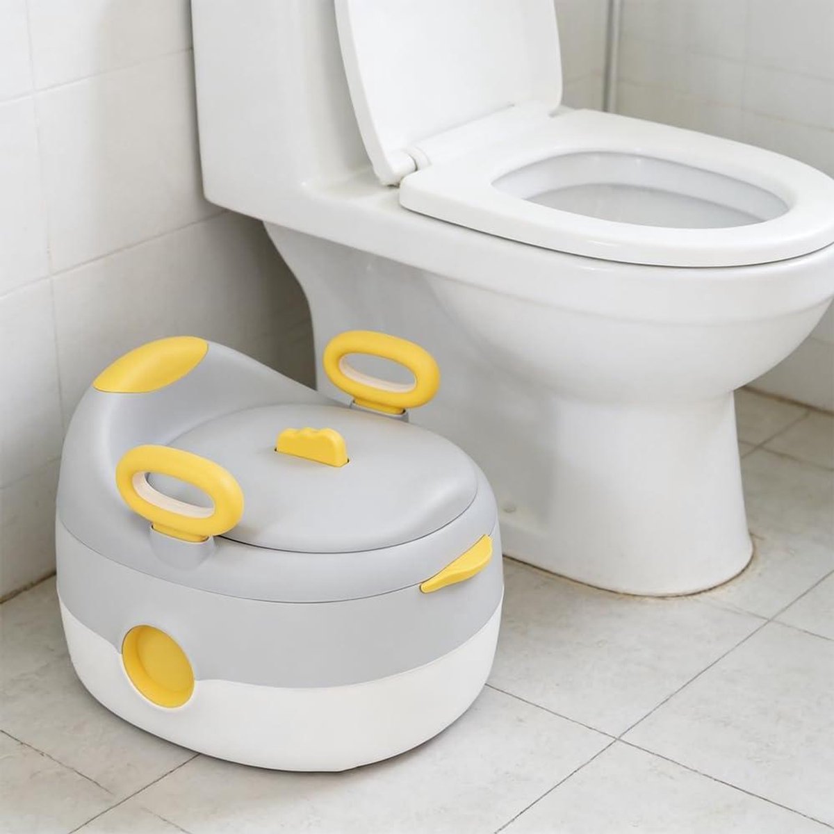 Potje voor baby's, draagbaar kindertoilet, mini-toilet voor kinderen, ideaal voor onderweg, jongens en meisjes, reispot voor kinderen, 34 x 39 x 27 cm (grijs)