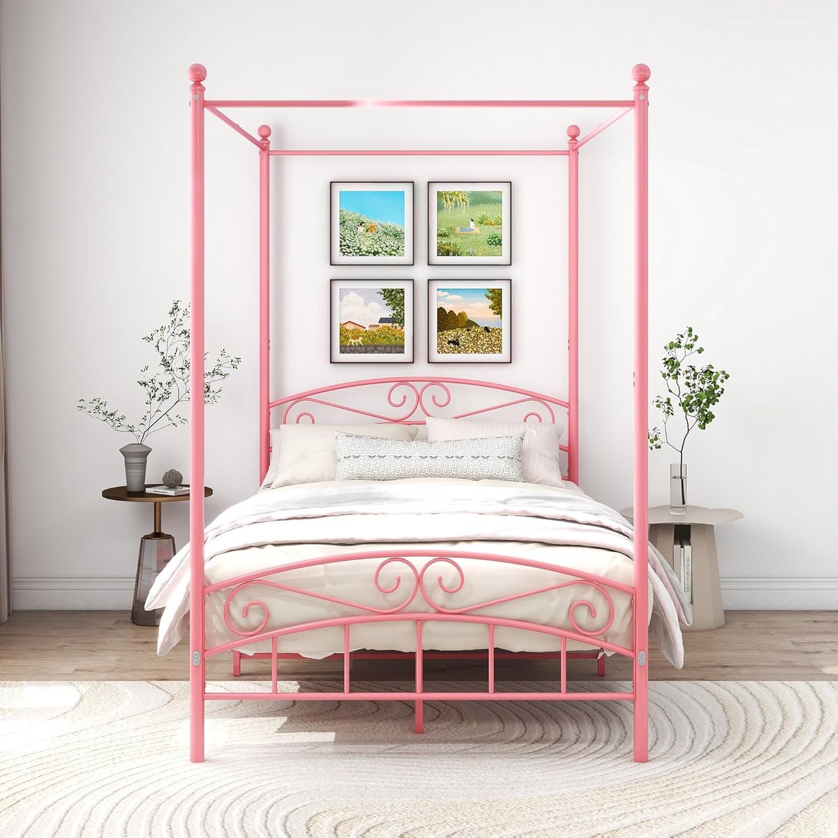 SkyRoyal Canopy Bed 120x200 cm – Modern Metalen Hemelbed met Lattenbodem, Elegant Design, 187 cm Hoog Frame, Ruime Onderbed Opbergruimte, Stabiel en Duurzaam Tweepersoonsbed, Roze