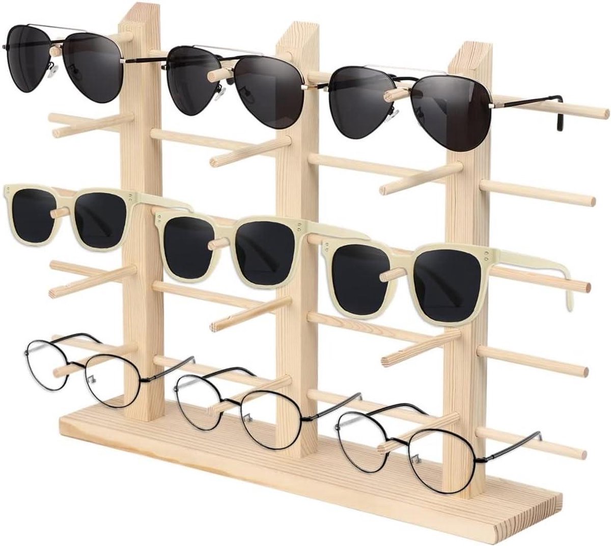Glazen Display - Zonnebrillenhouder Organizer - Collectie Tonen - Niet-Glijdende Incisies - 5 Lagen - Rustiek Hout