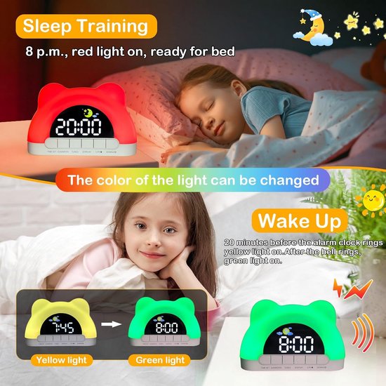 Kinderwekker Slaaptrainer - Nachtlamp Geluidsmachine - Ochtendroutine Leren - Dubbele Alarmen Instelbaar - 11 RGB Kleuren - Wit — afbeelding 5