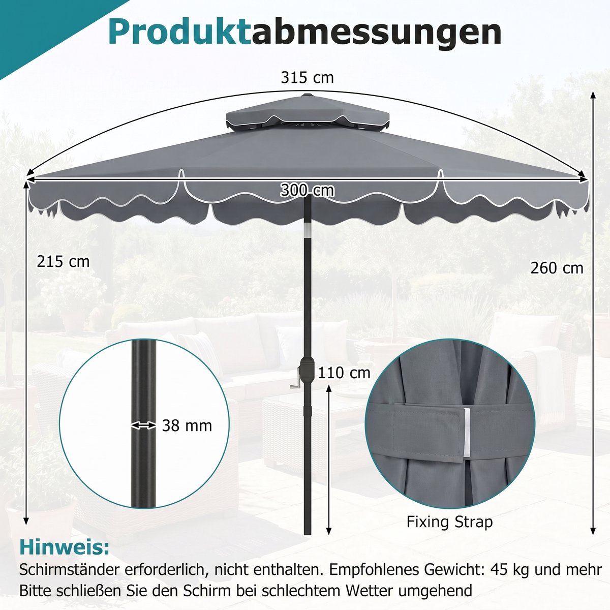 COSTWAY 300 cm parasol met dubbel doek, tuinparasol met draaihendel en volant, 30° kantelbaar aan beide zijden, terrasparasol, marktparasol voor tuin, balkon, terras (grijs) – foto 5