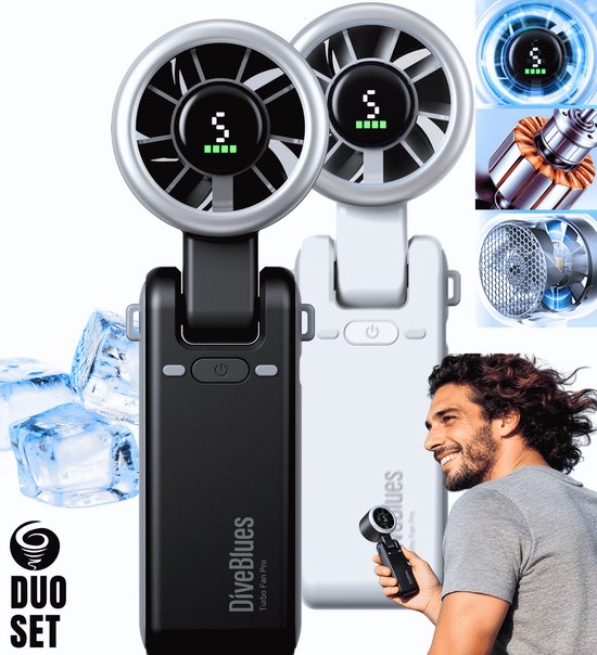 Diveblues® High-Speed Handventilator | DUO SET | JetForce™ CYCLONE | USB-C oplaadbaar | Intro 2026 | Black & White - 2 Diveblues handventilatoren (1x zwart + 1x wit)