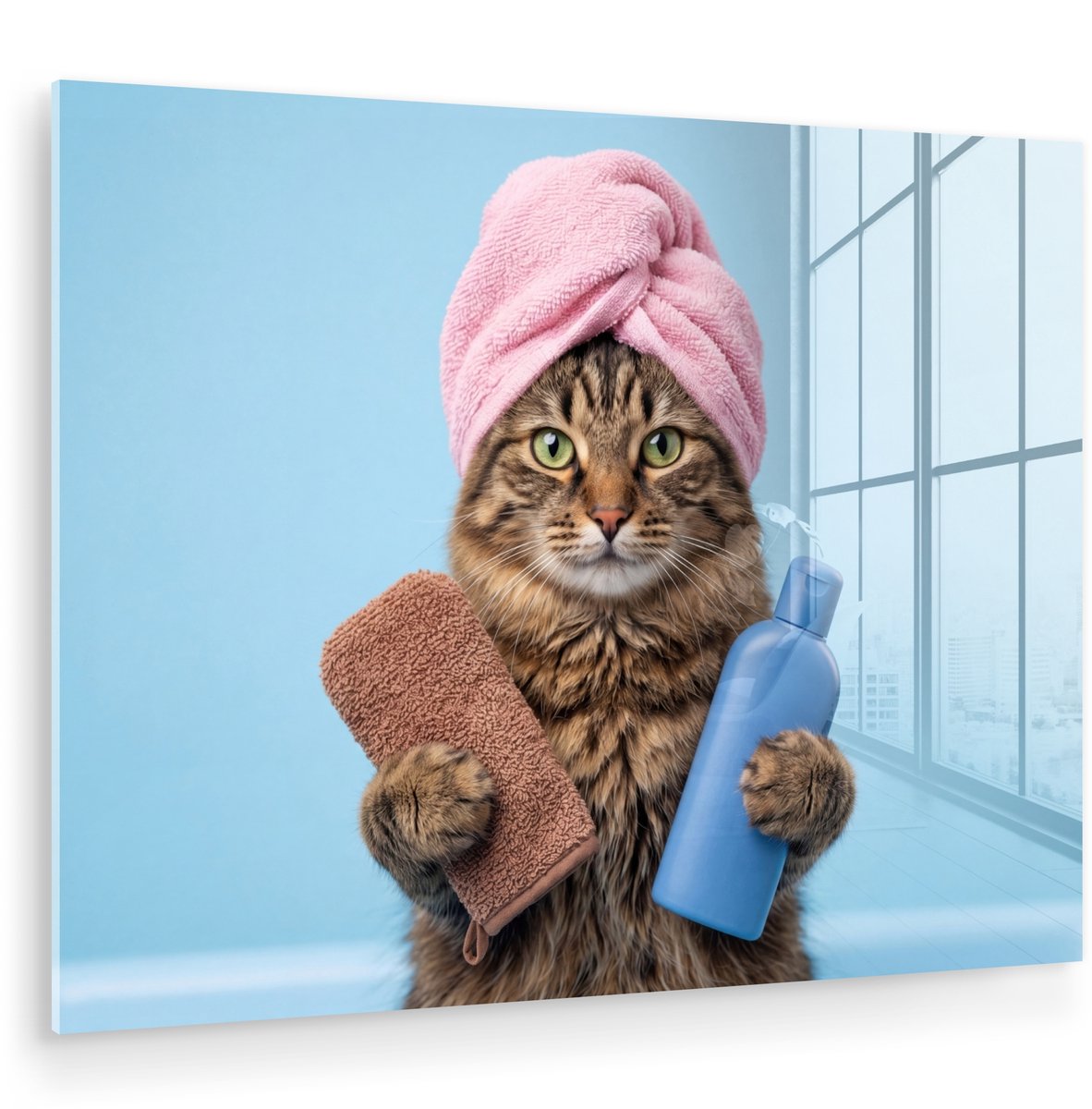 MuchoWow® Glasschilderij 160x120 cm - Schilderij acrylglas - Kat - Handdoek - Washand - Ze