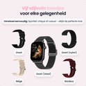 Zwarte smartwatch met mesh band, met 5 verwisselbare bandjes: zwart, beige, bordeaux, zwart (nylon).