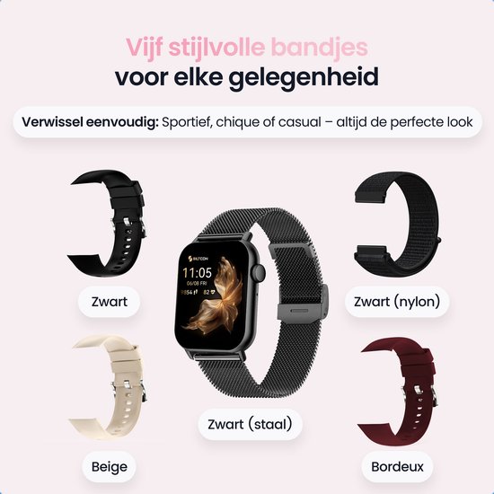 Zwarte smartwatch met mesh band, met 5 verwisselbare bandjes: zwart, beige, bordeaux, zwart (nylon).
