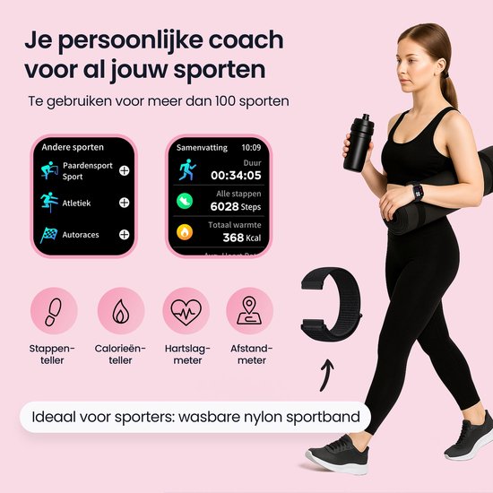 Vrouw in sportkleding met smartwatch en yogamat. Ideaal voor sporters met wasbare nylon sportband.