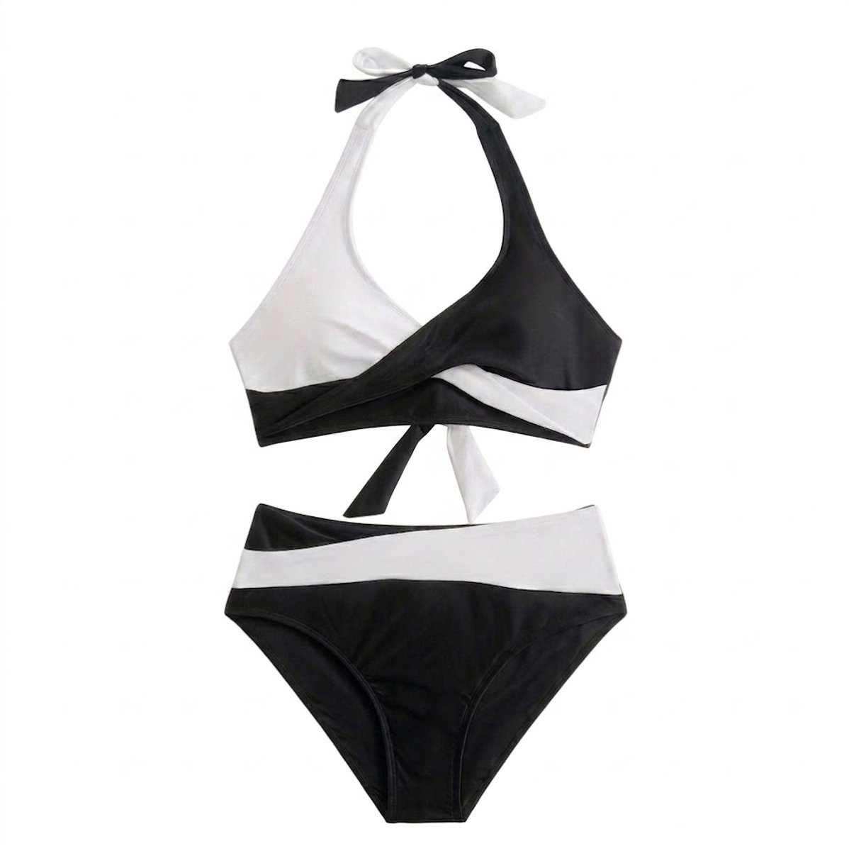 Zwart wit bikini set dames halter bikini zwempakset met gekruiste rug en split ontwerp hoge taille bikini broekje 2 delige strandkleding vakantie zwemkleding maat XL