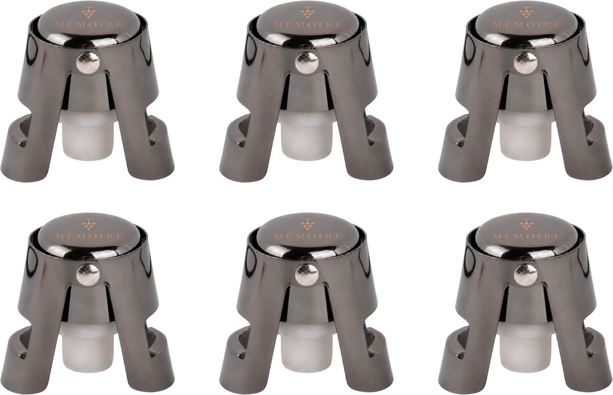 Mémoire® Spuma Eleganza Champagnestoppers 6 stuks - Wijnstoppers voor mousserende wijnen - Luxe Champagnestoppers voor mousserende wijnen - RVS Champagnestoppers - 6 Luxe Champagnestoppers van hoogwaardig RVS