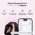 Zwarte smartwatch met mesh band, naast smartphone met bluetoothinstellingen. Verbinden in 4 stappen.