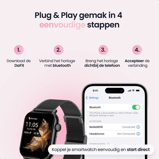 Zwarte smartwatch met mesh band, naast smartphone met bluetoothinstellingen. Verbinden in 4 stappen.