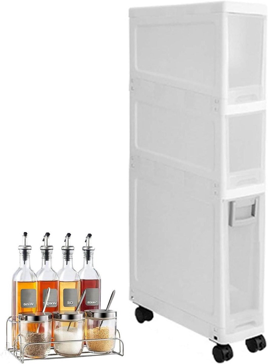 Smalle opbergkast - Ladekast met wielen - Ruimte organiseren - Antislip bovenkant - 14cm breed - Wit