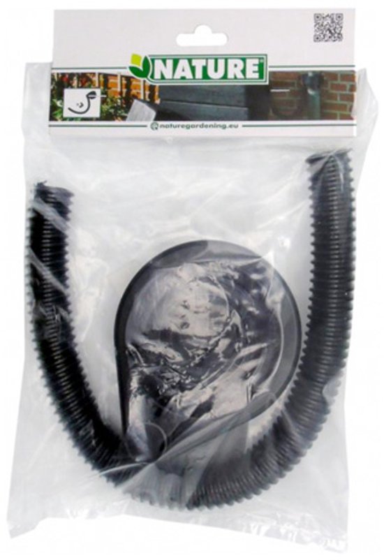 Zwarte flexibele slang en een ronde zwarte opvangbak in plastic verpakking.