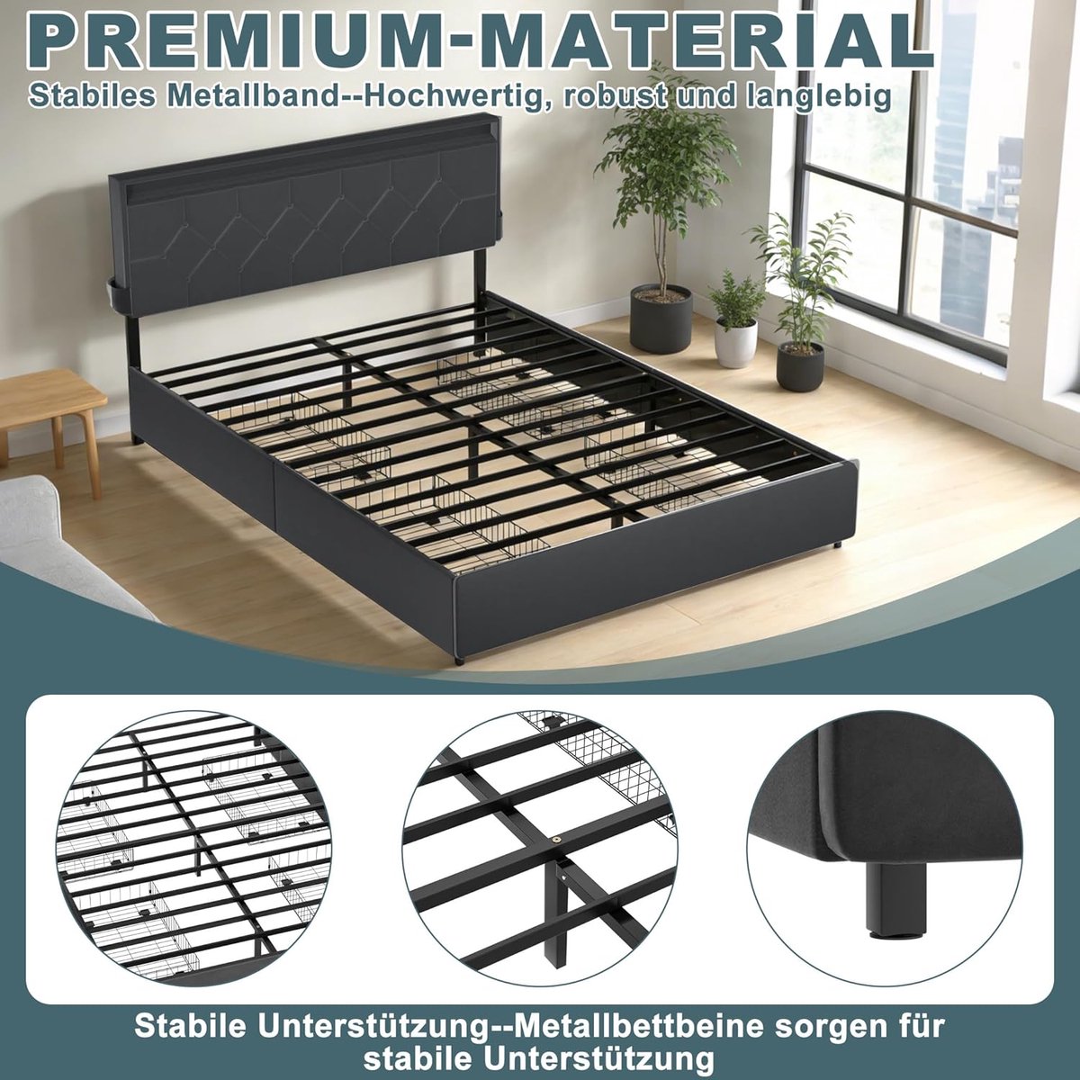 Luxe Verano Velours Opbergbed 140 x 200 cm met Gewatteerd Hoofdbord, Uitschuifbare Lades en Metalen Bedframe Donkergrijs – Mobili Bella