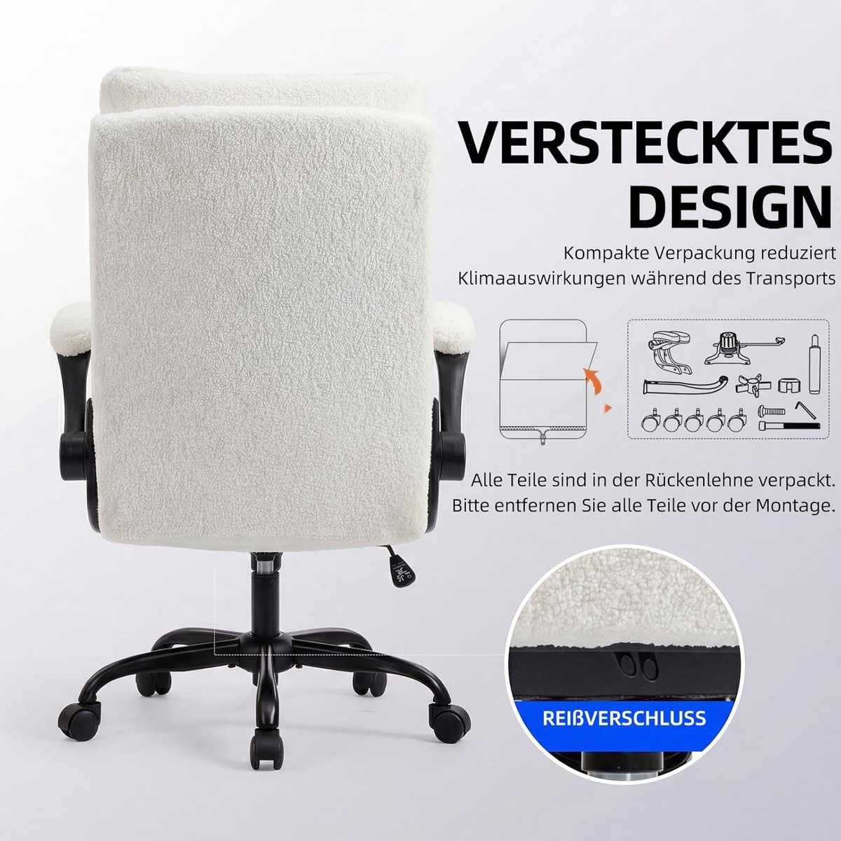 Ergonomische Bureaustoel – House&Garden TeddyCloud Pro – Teddy Stof – Hoge Rugleuning – Opklapbare Armleuningen – Verstelbare Kantoorstoel – Draaistoel met Kantelfunctie – 150 kg Belastbaar – Beige