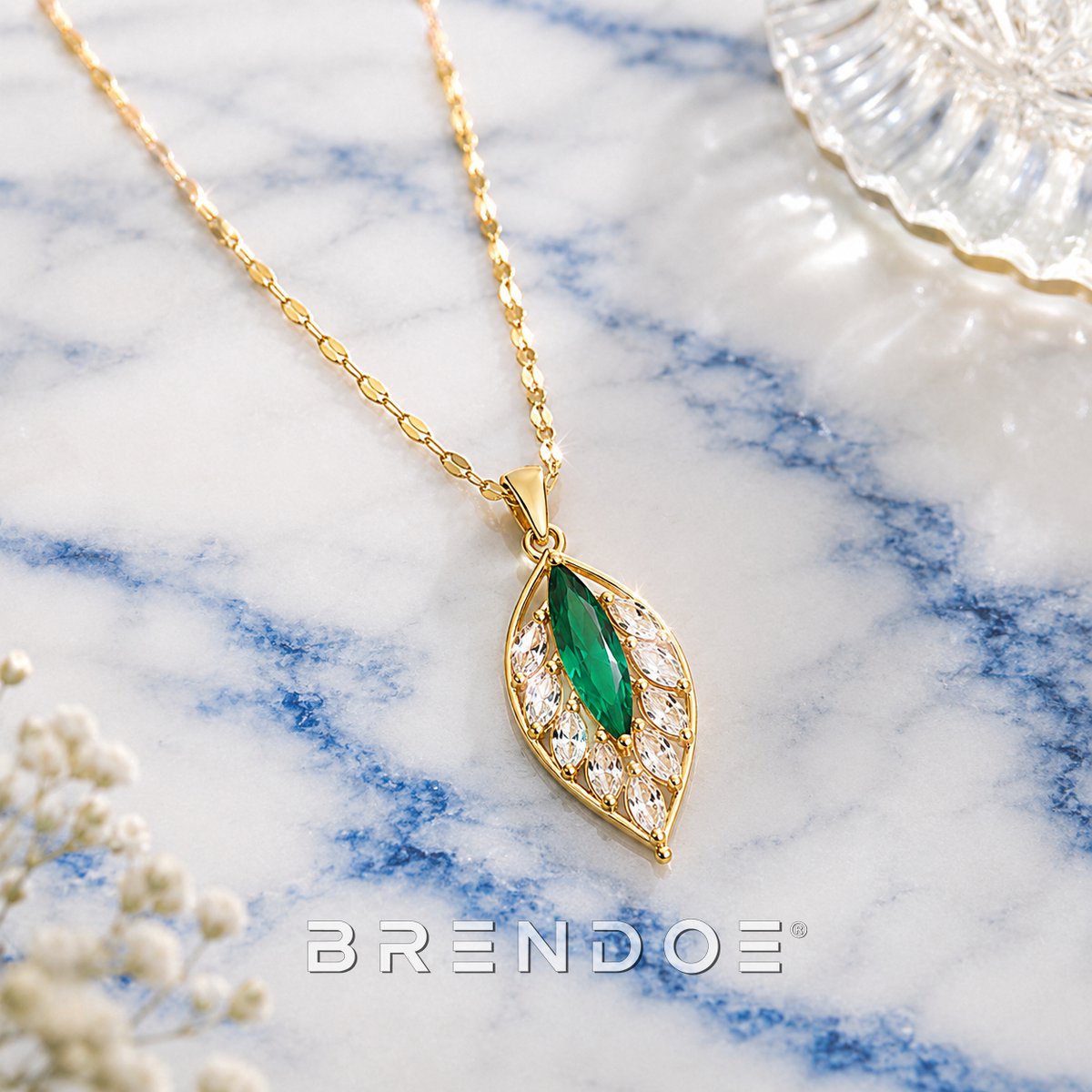 Brendoe Goudkleurige Blad Ketting Dames – Groene Hanger met Sierstenen – Verstelbare RVS Ketting