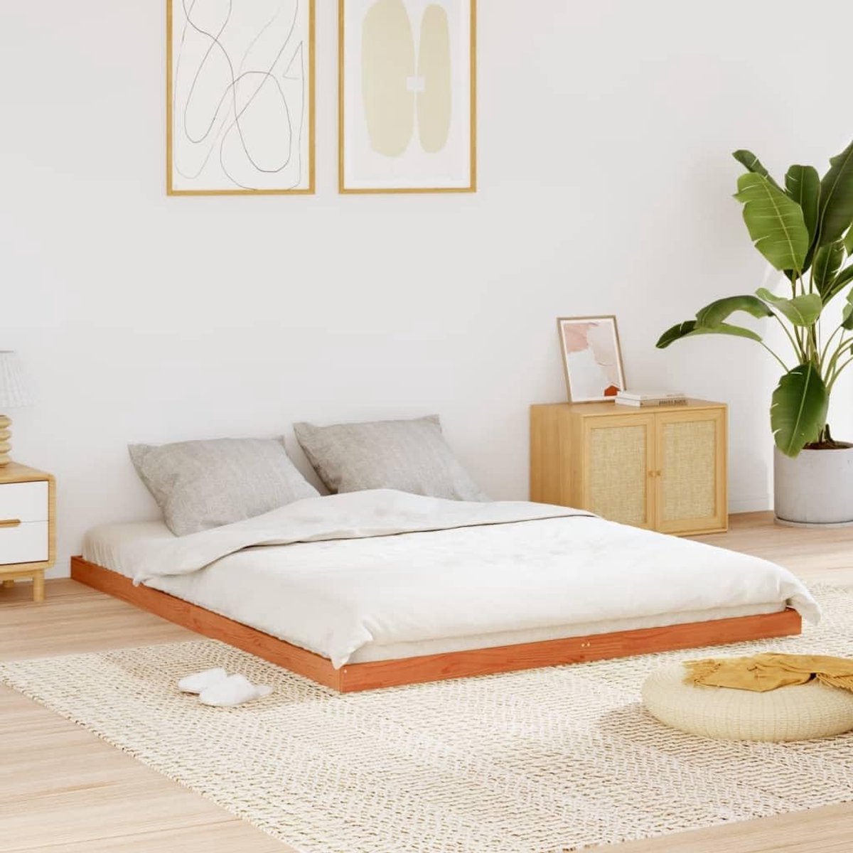 Nordic Heritage Tweepersoonsbed 150x200 cm Massief Grenenhout Bruin Wax – Rustiek Modern Bedframe met Lattenbodem voor Slaapkamer