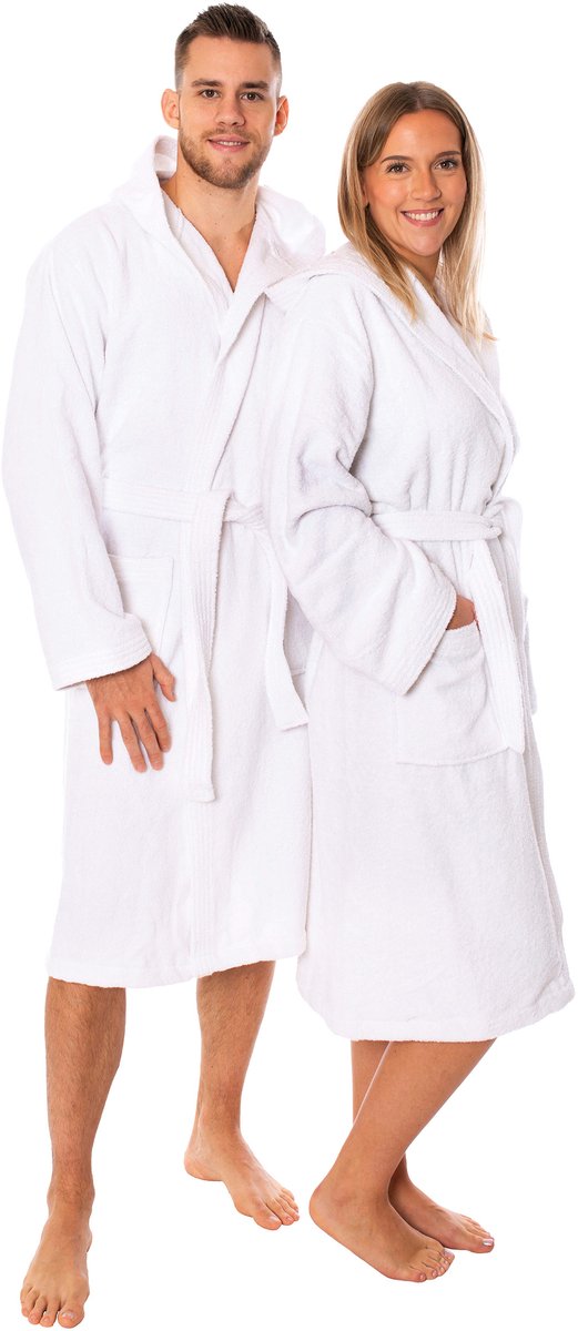 Lavea® Badjas Dames & Badjas Heren van 100% Katoen – Zachte Badjas van Badstof met Capuchon, Unisex Design, Ideaal voor Sauna & Thuis - L - Wit