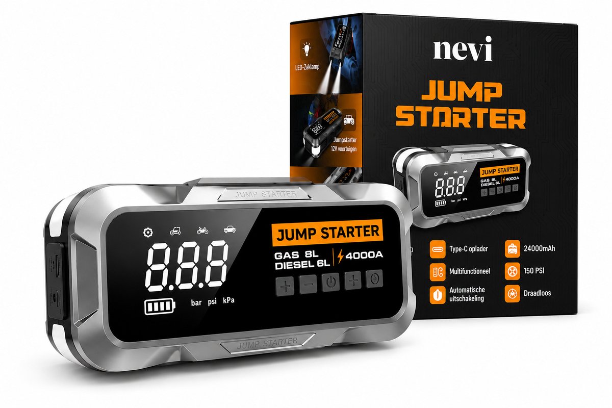 Nevi Jumpstarter voor auto - 4000A Starthulp met compressor - Startbooster