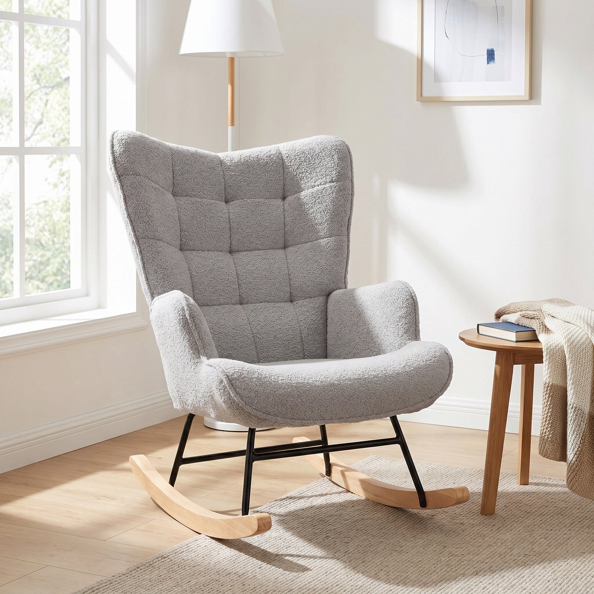 Schommelstoel - Relaxfauteuil met Armleuningen en Hoge Rugleuning - Teddy Stof - Metalen en Houten Poten - Moderne Stijl - Lichtgrijs