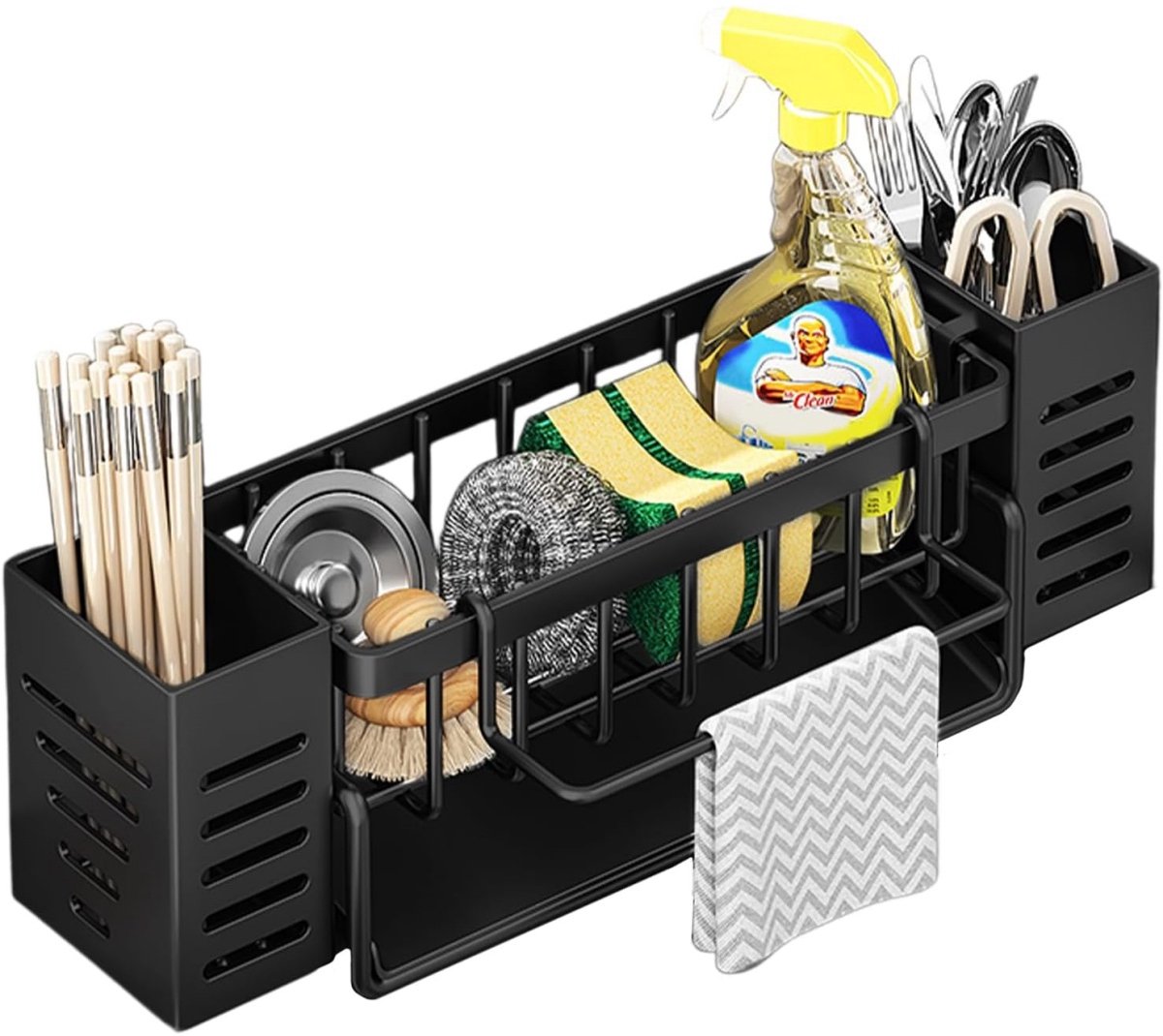 TOVBMUP Afdruiprek - Keukenorganizer met Afvoerbak - Badkamer en Keuken Opbergsysteem - Zelfontwaterend, Rostvrij, Incl. Handdoekhouder en 2 Bestekbakjes - Geschikt voor Keuken en Badkamer - Gemaakt van Koolstofstaal en ABS - 34,2x8x11cm