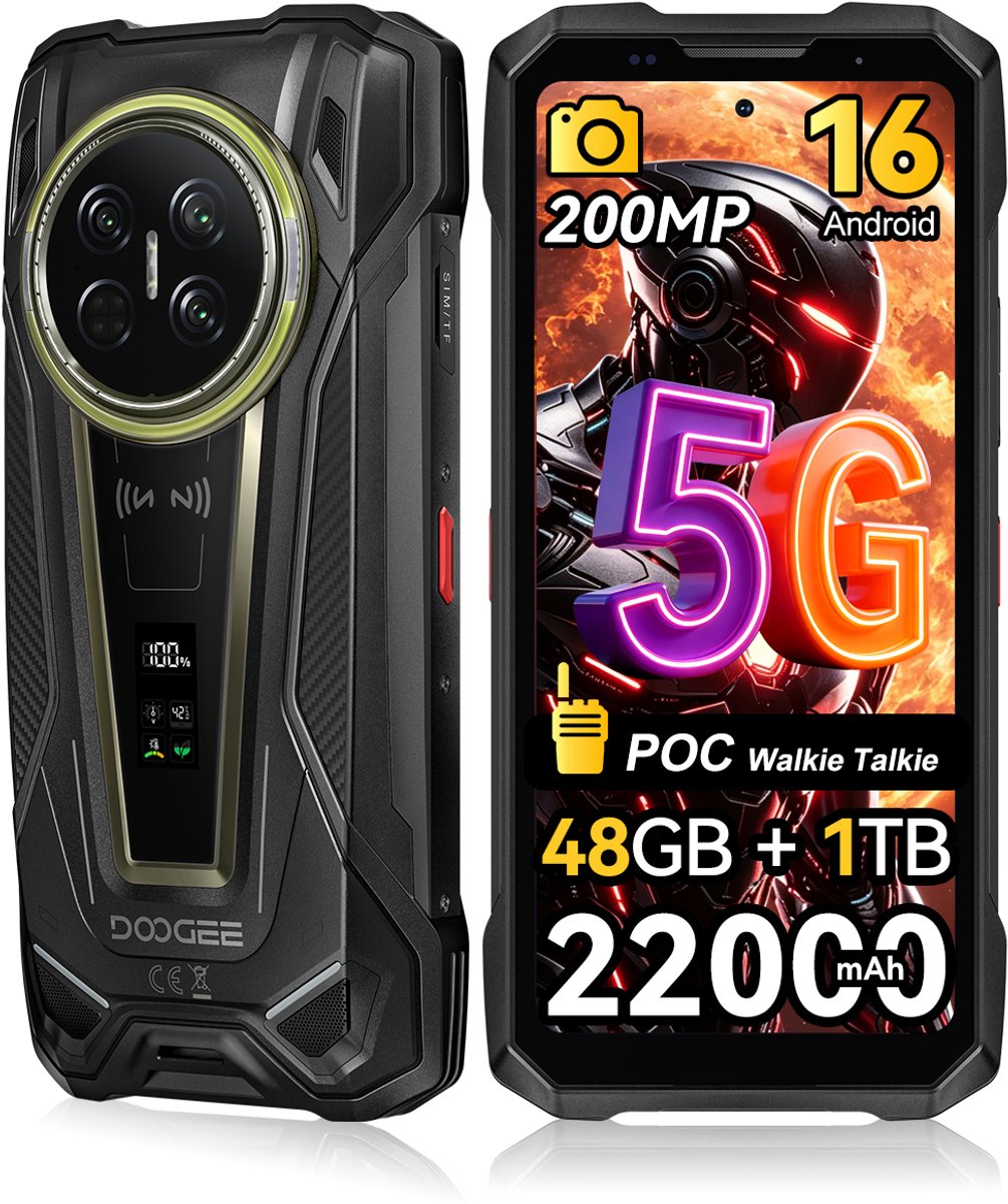 DOOGEE Vmax2 Pro Robuuste smartphone 5G - 6.78 inch 120Hz - 48GB RAM - 1TB ROM - 22000 mAh 120W - Android 16 - 200MP AI camera - IP68/IP69K - NFC,GPS - Telefoons 2026 nieuw - Zwart