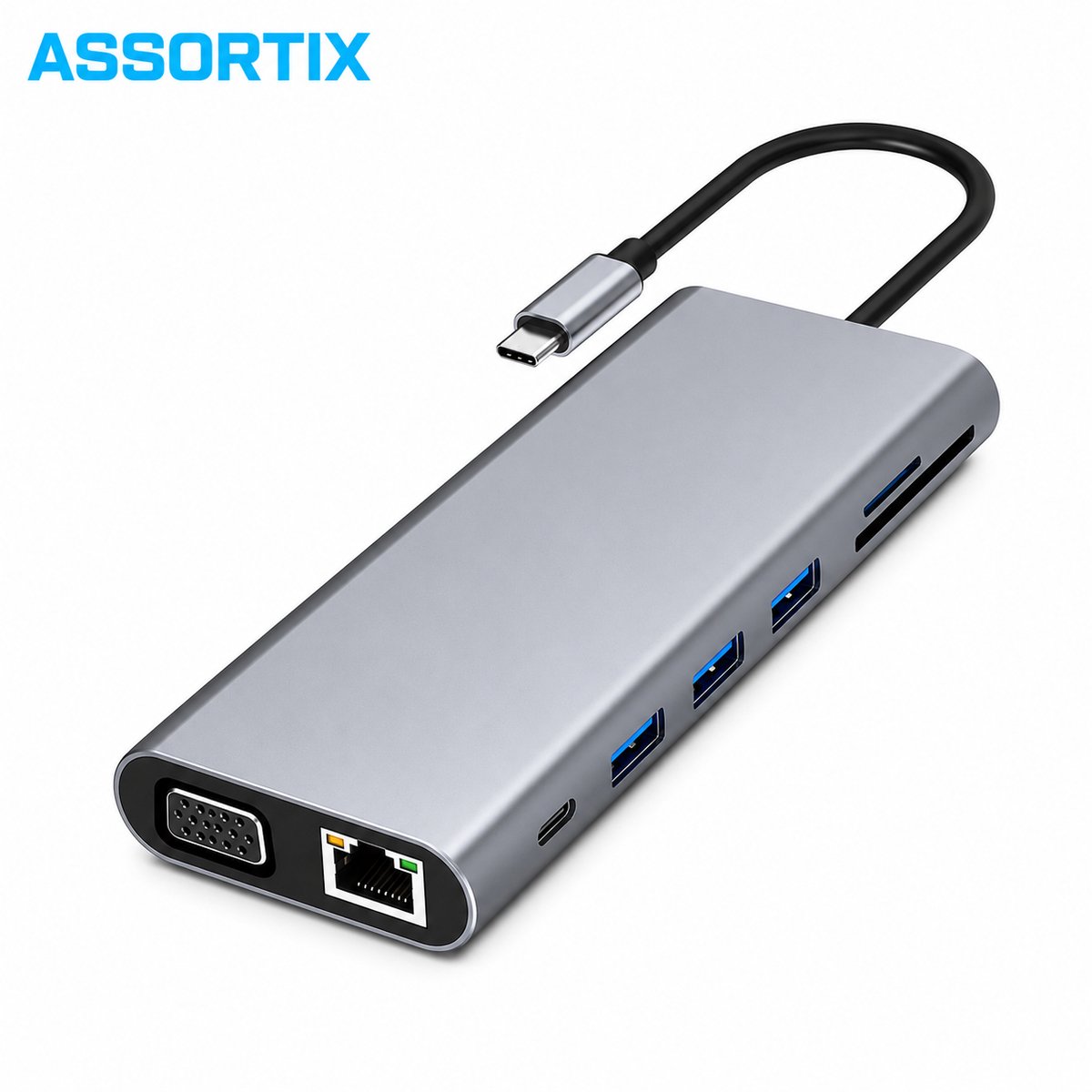 Assortix ProHub 11 USB-C Hub – 11-in-1 Multiport Adapter – HDMI 4K – VGA – RJ45 – USB 3.0 – SD/TF – 100W PD