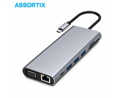 Assortix ProHub 11 USB-C Hub – 11-in-1 Multiport Adapter – HDMI 4K – VGA – RJ45 – USB 3.0 – SD/TF – 100W PD