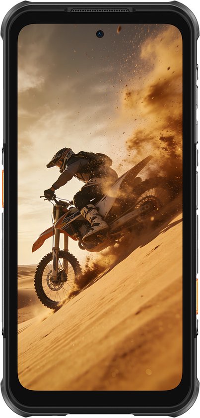 Zwarte smartphone met scherm dat een motorrijder toont, frontaal gefotografeerd.
