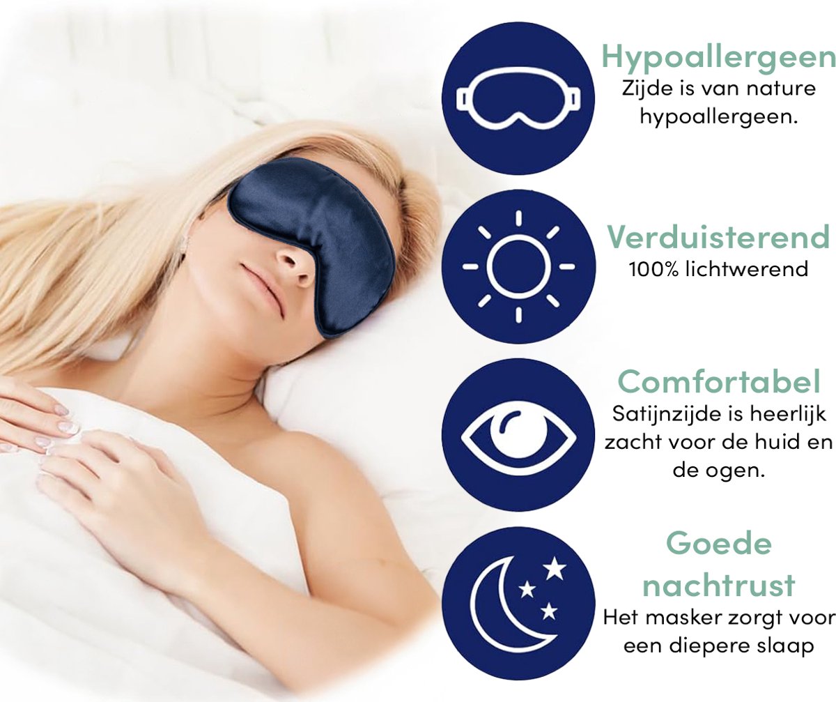 Loti Premium Zijden Slaapmasker + Opbergzakje - 100% Verduisterend Oogmasker - Verstelbaar - Blinddoek - Zijdezacht - Anti-Rimpel – Eye Mask – Sleep Mask – Blauw — afbeelding 2