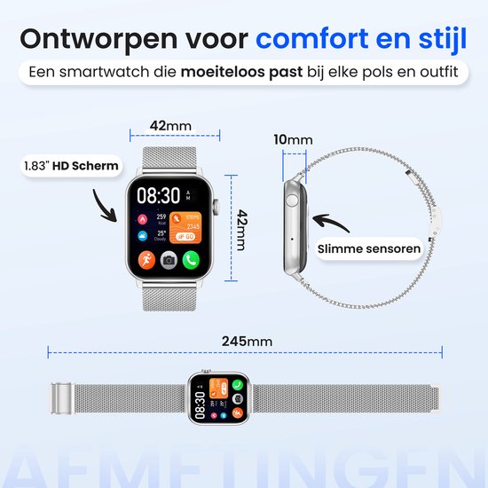 Afmetingen van de Siltcon Smartwatch Pro: 42x42x10mm scherm, 245mm bandje. Zilverkleurig met HD scherm.
