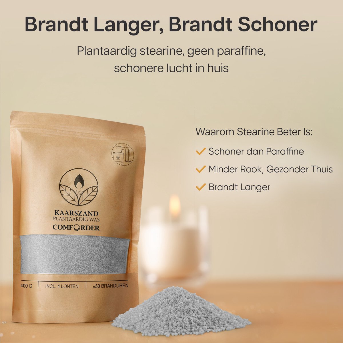 Comforder Kaarsenzand Set met 4 Lonten - 400g Grijs - Kaarsen maken voor Volwassenen - Kaarszand Was & Kaarsenwas - Burning Sand Wax - Kaars Zand Candle Making DIY Kit - 50 Branduren — afbeelding 5