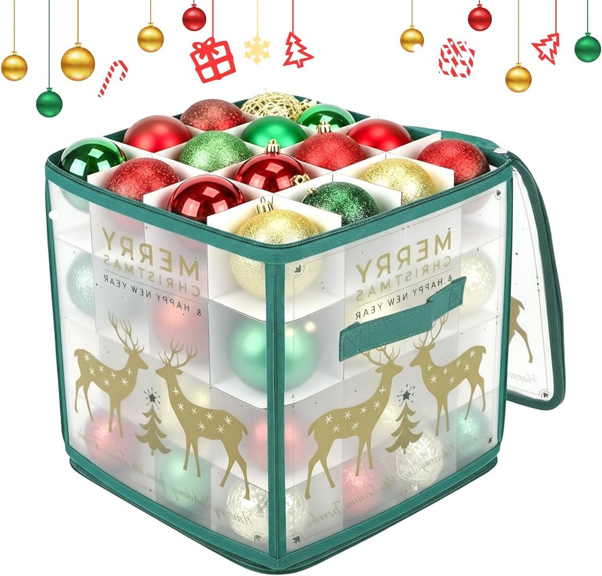 Opbergdoos Kerstballen - Decoratie Organizer - Seizoensopslag - 64 Vakken Scheidingswanden - 30x30x8 cm - Grijs
