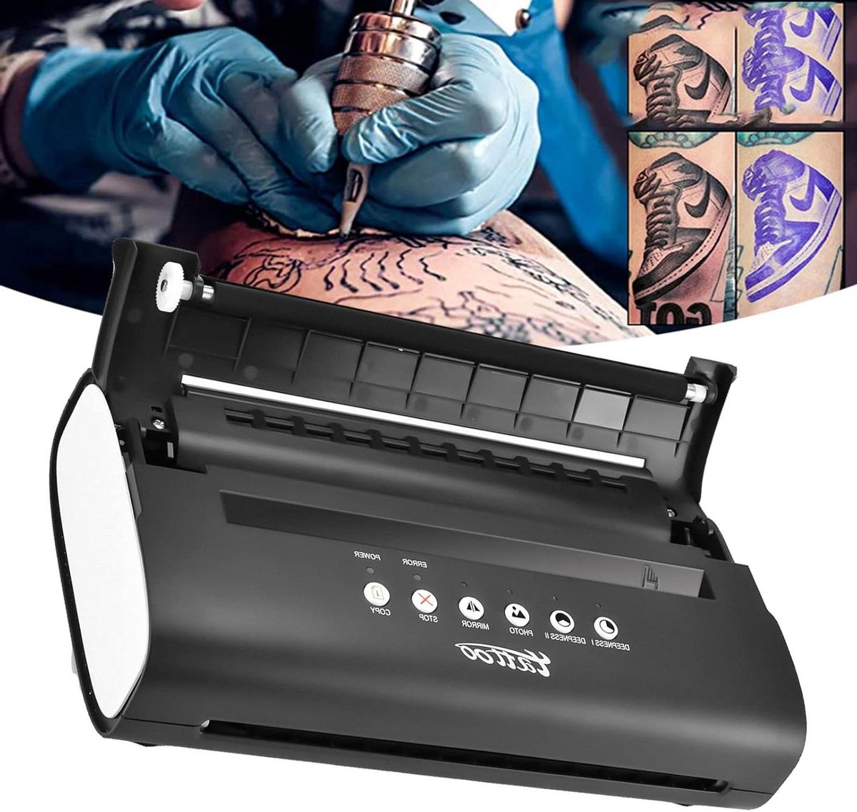 Tattoo Stencil Printer - Overdrachtsapparaat Kopieerapparaat - Tattoo Ontwerpen Kopiëren - Thermische Technologie - Inclusief 20 Vellen Papier - Zwart