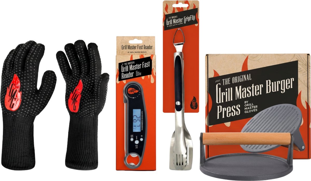 Grill Master Ultimate BBQ set - BBQ accessoires - Barbecuetang - Hamburgerpers - Vlees Thermometer - BBQ Thermometer - Ovenwanten 4X - Papa Cadeau Voor Mannen - Vaderdag