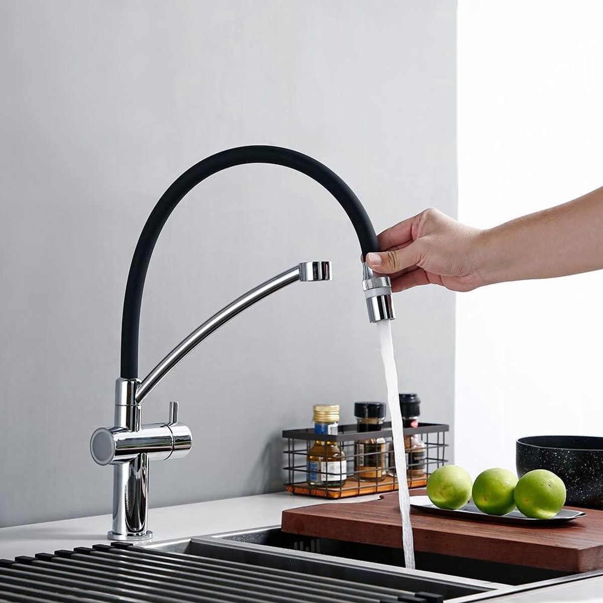 Keukenkraan Zwart Uittrekbaar - Aanraakloze Mengkraan Spoelbak - Water Besparen Keuken - 3