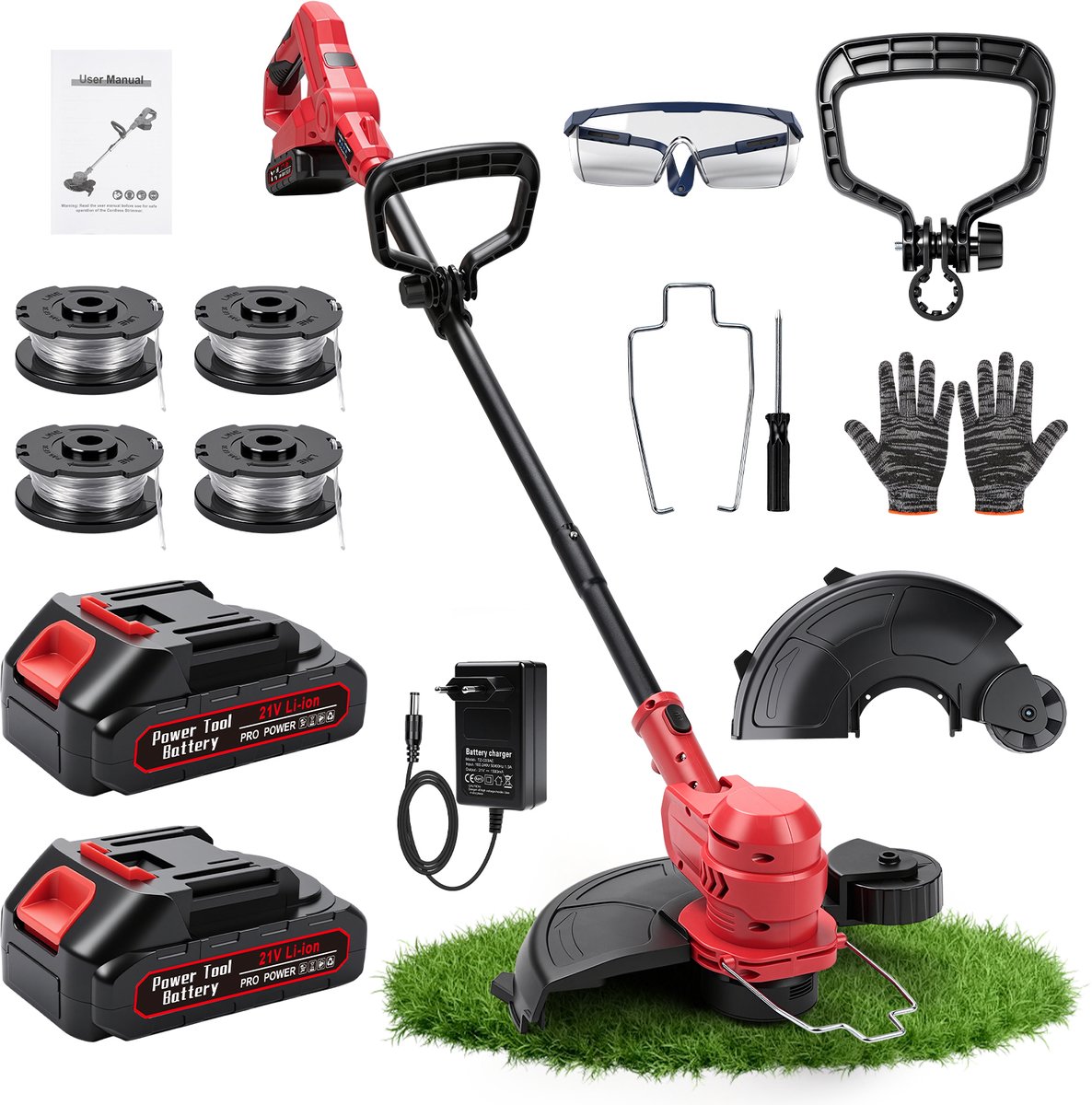 Bosmaaier Grastrimmer - Accu Grasmaaier - Makita Voetplaat Pintype - Opvouwbaar Rood Handgrasmaaier - 12-inch Tuinmaaier - Borstelloze Draadloze Grasmaaier - Lengte Verstelbaar - met 2 Accu's 1.5A