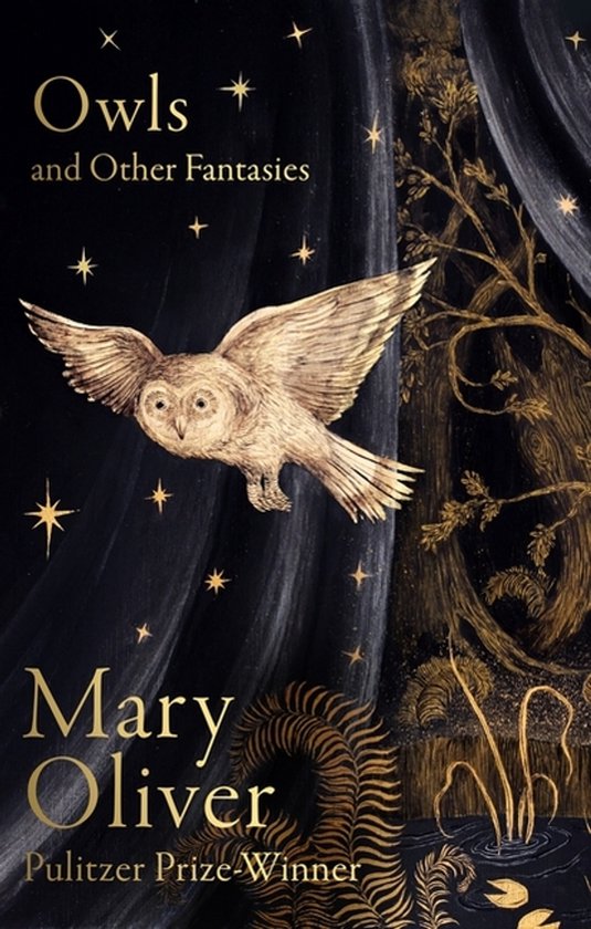 Couverture de livre avec un hibou en vol, texte 'Owls and Other Fantasies' et 'Mary Oliver'.