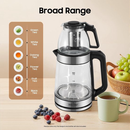 Glazen waterkoker met theepot, naast een mandje fruit en een mok thee. Lijst van theesoorten.