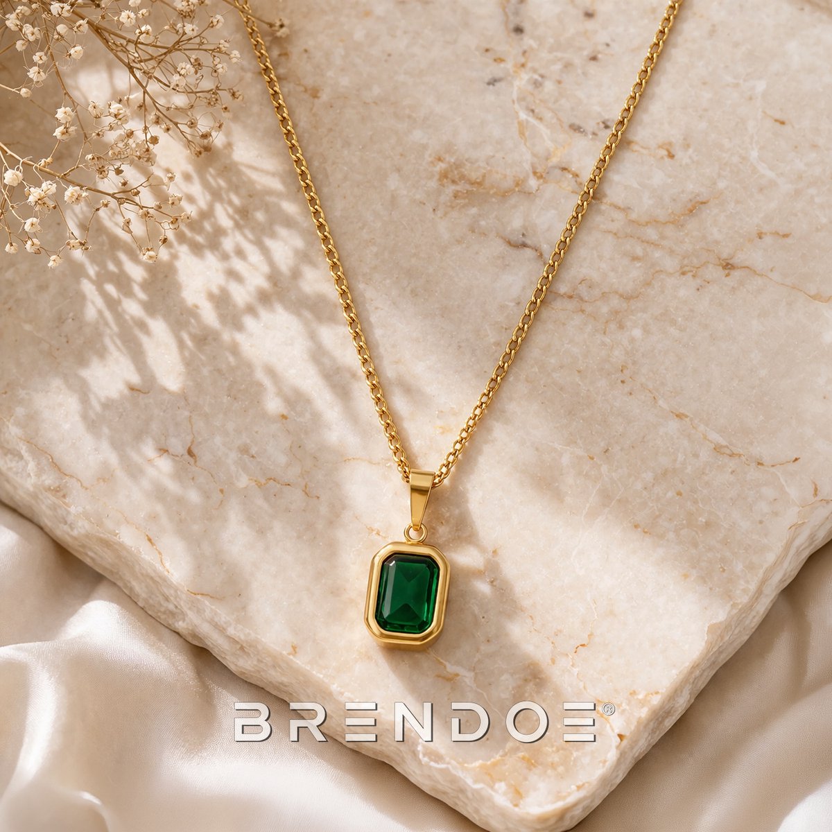 Brendoe Goudkleurige Ketting met Groene Steen Dames – Rechthoekige Hanger Verwisselbaar – 18K Vergulde RVS Ketting