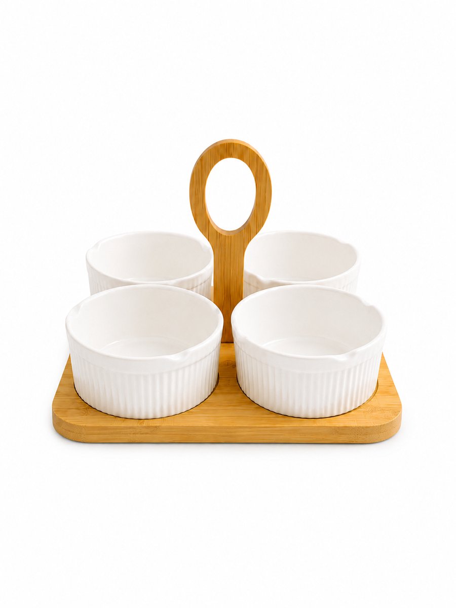 Mevaz Snackbowls Set van 4 met Bamboe Dienblad – Keramische Dipschaaltjes – Wit – Tapas Schalen – Borrelset – Serveerschaaltjes voor Noten, Olijven, Sauzen & Snacks – Luxe Serveerset — cadeau in Kookcadeaus - foto 2