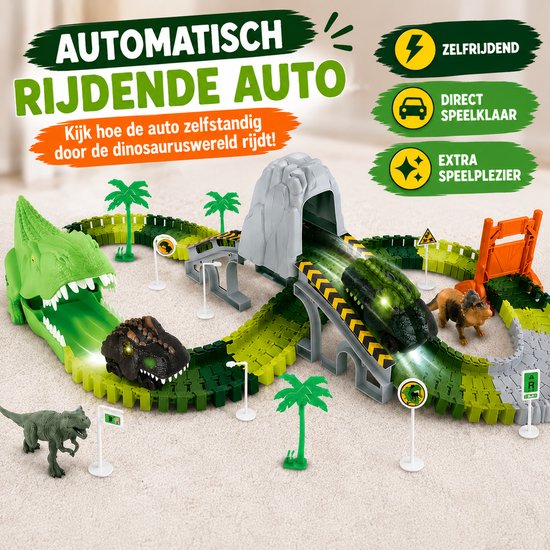 Circuit de dinosaures verts avec une voiture éclairée, un tunnel, des ponts et 3 dinosaures.