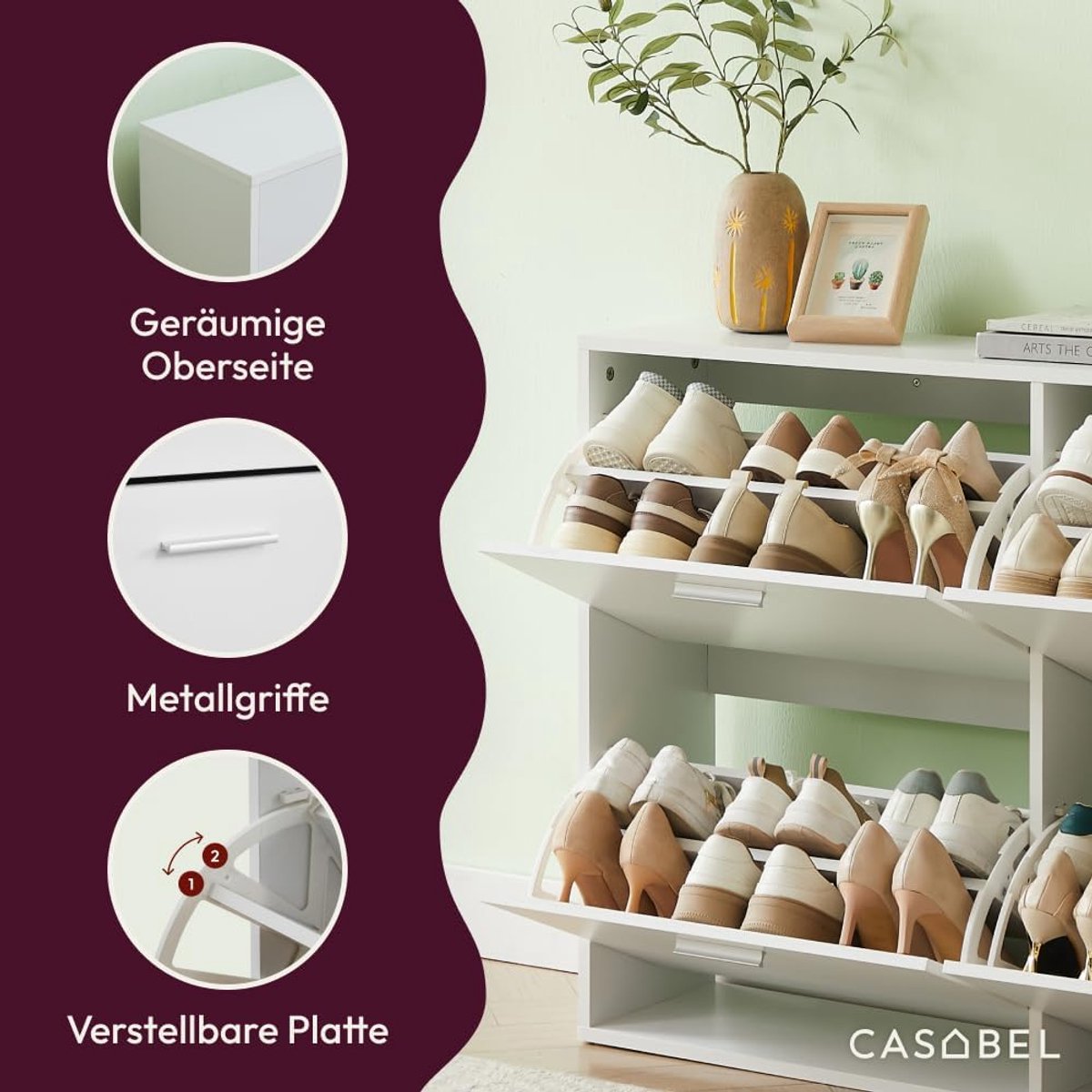 Schoenenkast 114 x 24 x 80 cm – Moderne witte schoenenkast met 4 klapdeuren, ruimte voor 24 paar schoenen, smalle hal opbergkast, ruimtebesparend design voor entree, hal en woonkamer – Mobili Bella