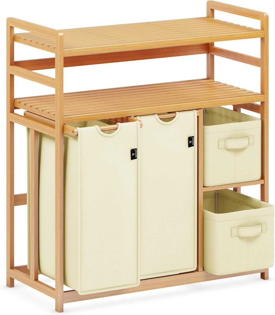 Wasmand met vakken - Kleding sorteren - Orde scheppen - Twee opbergplanken - 140 liter - Beige
