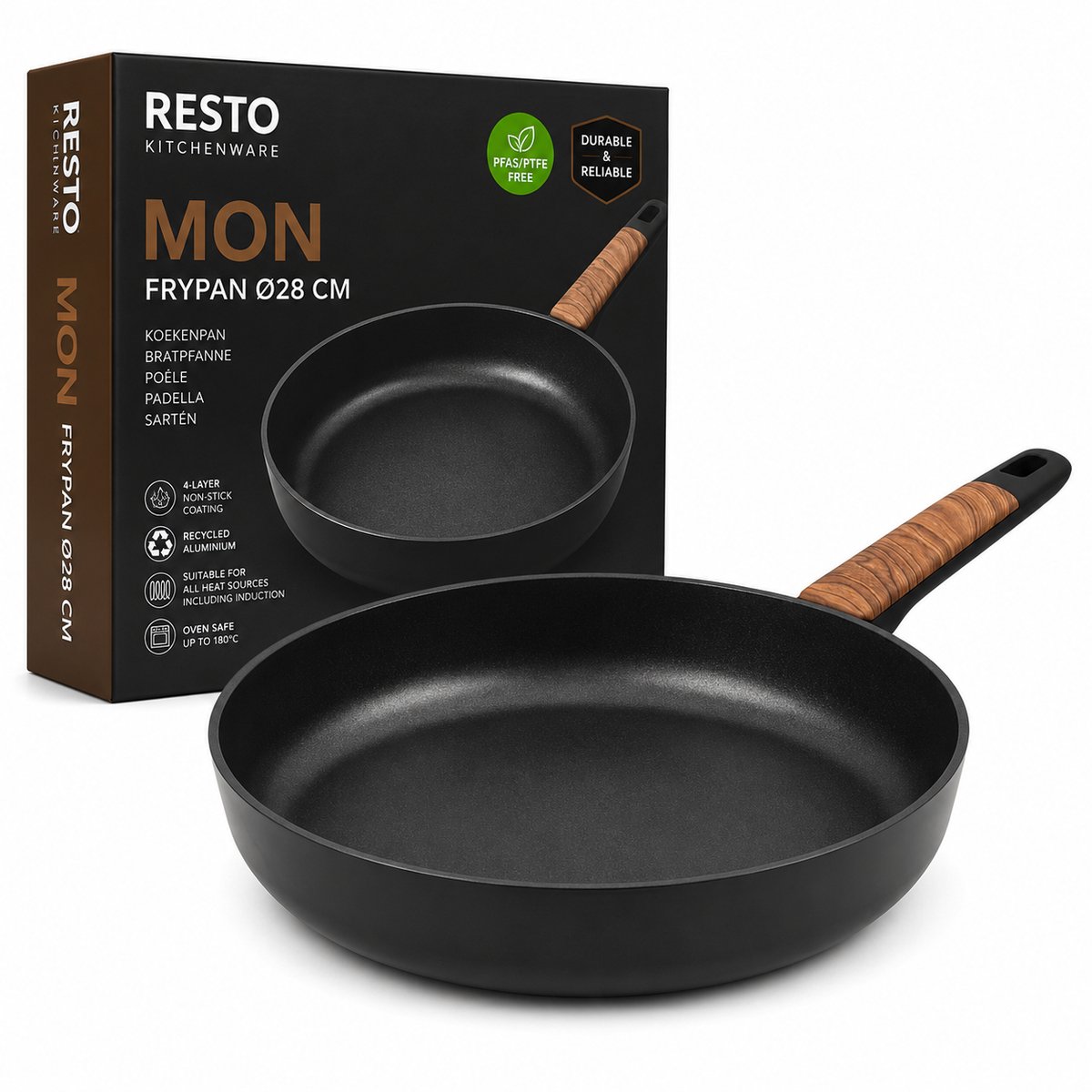 RESTO Mon Koekenpan 28 cm – Inductie Geschikt – Gerecycled Aluminium – 4-Laagse Anti-aanbaklaag – PFAS/PTFE Vrij – Professionele Frypan