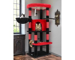 Globlazer Cat Tree Corner Gothic Black Red, Corner Scratching Post Stable High 130cm with Large Cat House, Upholstered Platform, Hammock, Basket, Cat Tree for 2-4 Adult Cats (C51, Gothic)