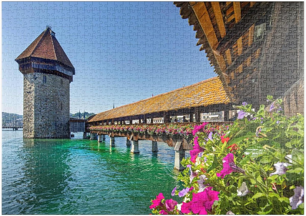 MyPuzzle Kapelbrug Over De Reuss Met Watertoren, Luzern, Zwitserland - Premium 1000 Stukjes Puzzel - MyPuzzle speciale collectie van Puzzle Galaxy