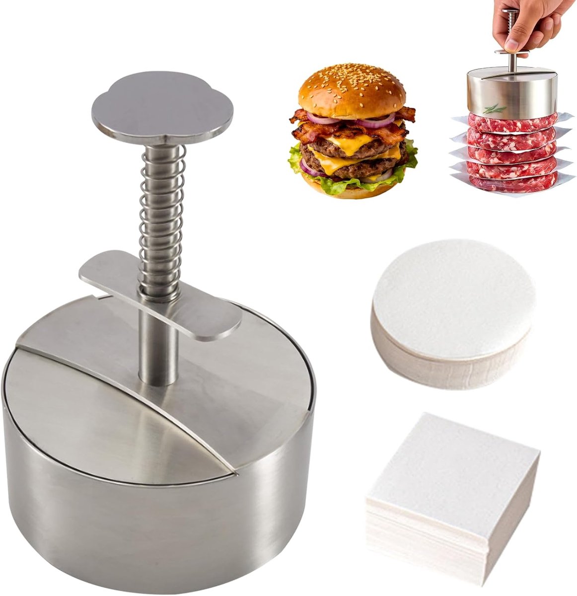 Burgerpers Set - Vleesvormer - Burgers Maken - Verstelbaar & Non-stick - 10cm Diameter - Zilver